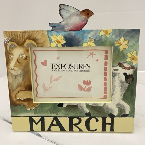 Vtg Exposures HandPainted "March" Months of the Year 4X6 Picture Frame Lion Lamb - Picture 1 of 8
